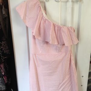 J crew one shoulder pink seersucker dress